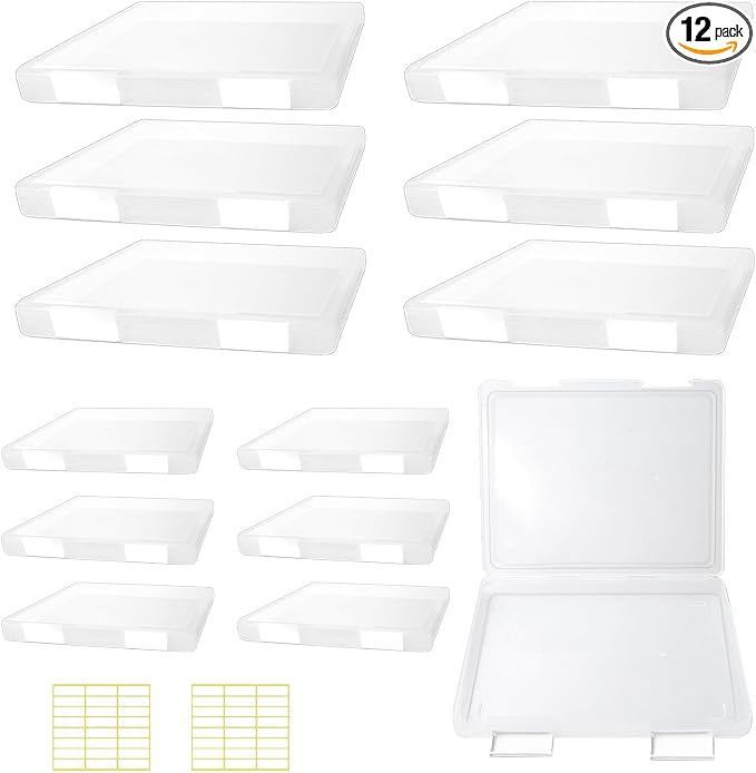12 Pcs Clear A4 A5 File Box Document Plastic Storage Box with 48 Labels File Holder Organizer Box Paper Plastic Case Magazine Protector with Buckle Office School Supplies(White)