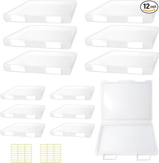 12 Pcs Clear A4 A5 File Box Document Plastic Storage Box with 48 Labels File Holder Organizer Box Paper Plastic Case Magazine Protector with Buckle Office School Supplies(White)