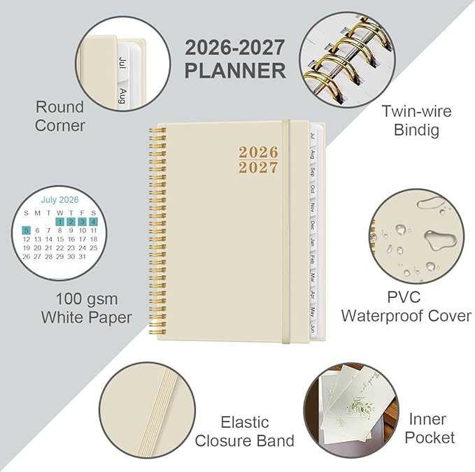 Planner 2026-2027 For Women & Men - Monthly and Weekly Calendar Planner from July 2026 - June 2027, Student Planning with 12 Tabs for Office School Supplies, Inner Pocket, 8.5" x 11", Beige