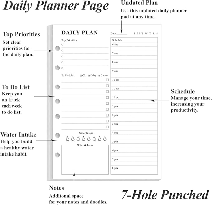 (3-Pack) 7-Hole Undated Daily Planner Refill - A5 To Do List Insert, 300 Sheets/600 Pages Planner and Lined Refill, 6-Hole Punched, 100 gsm White Paper, 5.8'' x 8.3''