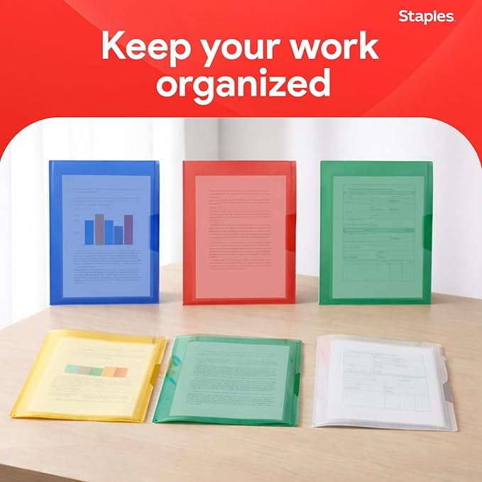 Staples Poly Project Jackets, Clear‑Front Document Sleeves, Letter Size, Durable Poly Construction, Assorted Colors – 5/Pack