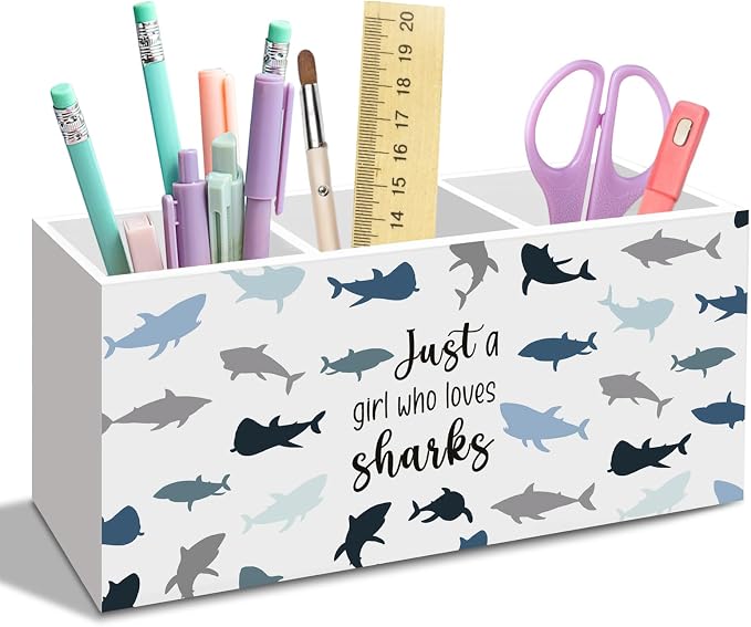 Shark Pen Pencil Holder for Desk, Funny Shark Office Desk Accessories, Sharks Makeup Brush Toothbrush Holders Organizer for Girls Dorm Room Kids Bathroom, Just a Girl Who Love Sharks