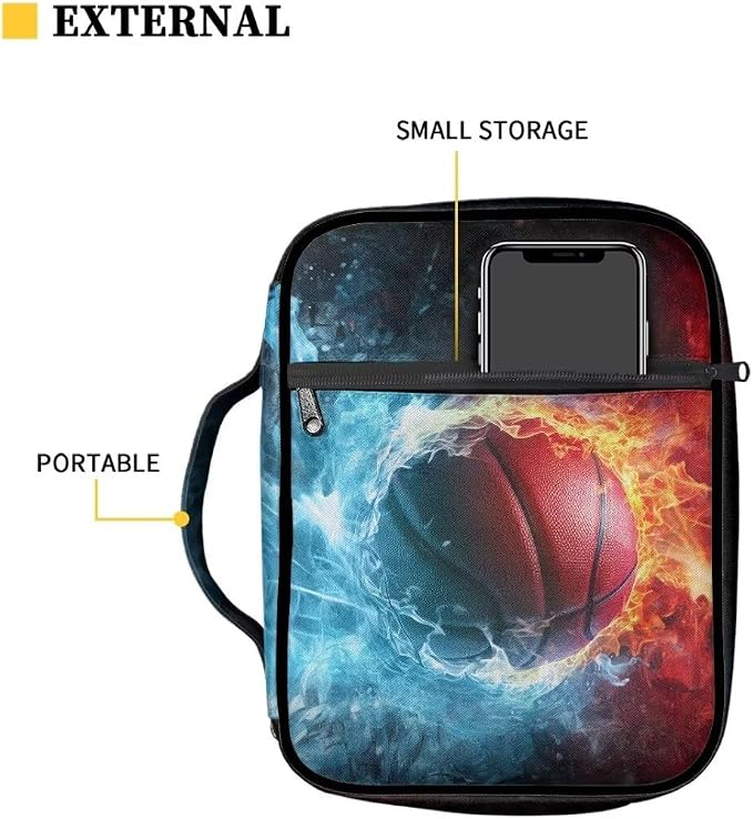 Coldinair Fire Flame Basketball Bible Cover Case for Men,Kids Carrying Book Cover Bible Holders with Handle and Zippered Pocket,Fits for Standard/Large Size Bible