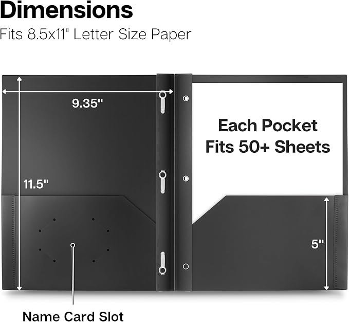 Dunwell Plastic Folders with 3 Prongs, (12 Pack, Black), 2-Pocket Folders with Fasteners, Durable Acid-Free Poly for Long Term Use, Includes Labels