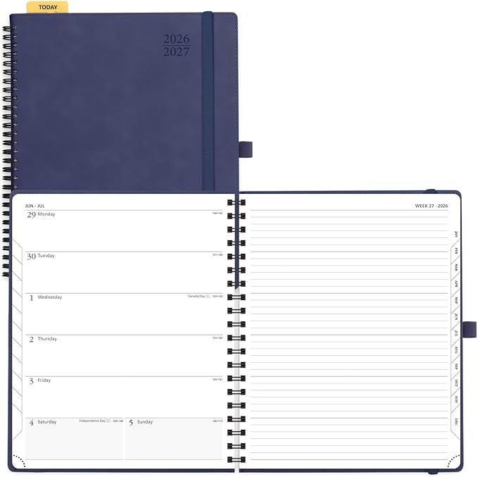 POPRUN Weekly Planner 2026-2027 (July 26-June 27), Large-8.5" x 10.5", Academic Agenda 2026-2027 Calendar Notebook Planner for School, College, Spiral Leather Softcover, 100GSM - Navy Blue