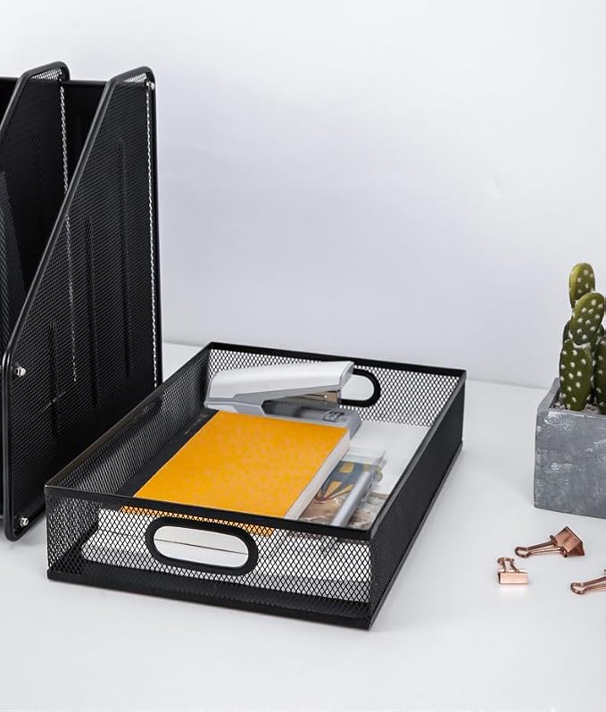 2 Pack Desk Organizer Tray,Metal Mesh Desk Tray with Handle, Portable Desktop Storage,Office File Organizer for Papers, Magazines, Crafts, Office Supplies