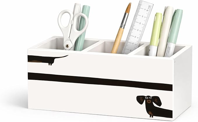 Dachshund Wooden Desk Organizer, Cute Sausage Dog Design Pen Pencil Holder with 3 Compartments, Decorative Office Supply Storage Box for Desk, Home, Office, Gift for Dog Lovers