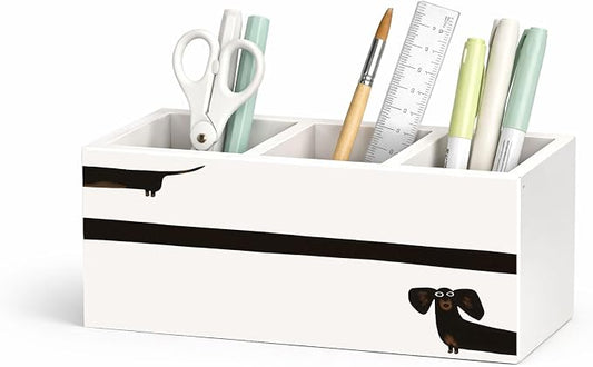 Dachshund Wooden Desk Organizer, Cute Sausage Dog Design Pen Pencil Holder with 3 Compartments, Decorative Office Supply Storage Box for Desk, Home, Office, Gift for Dog Lovers