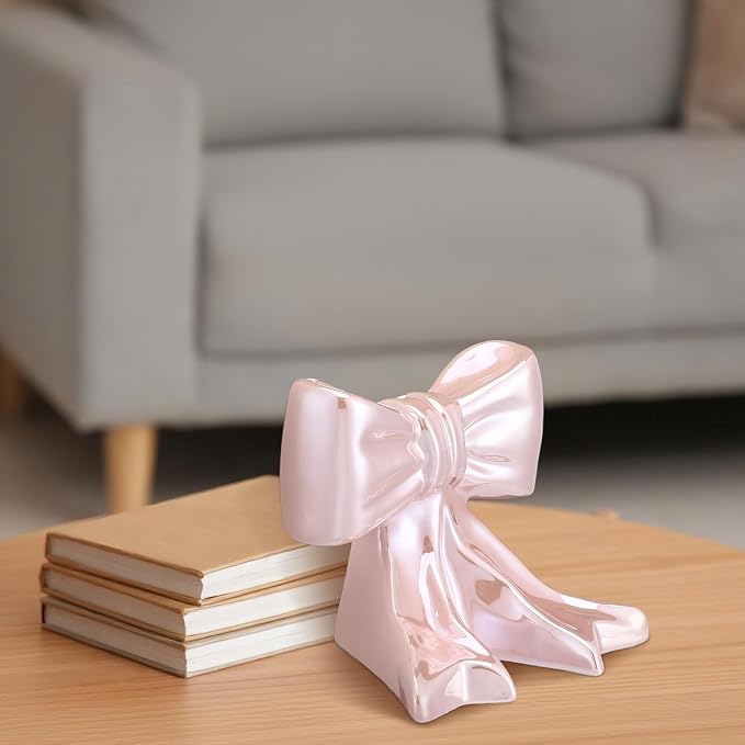 Leinuosen 2 Pcs Pink Bow Bookends Ceramic Cute Book Ends Decorative Book Stand Bow Sculpture Statues Tabletop Shelf Ornament Room Decor for Home Office School Dorm Girl Desk