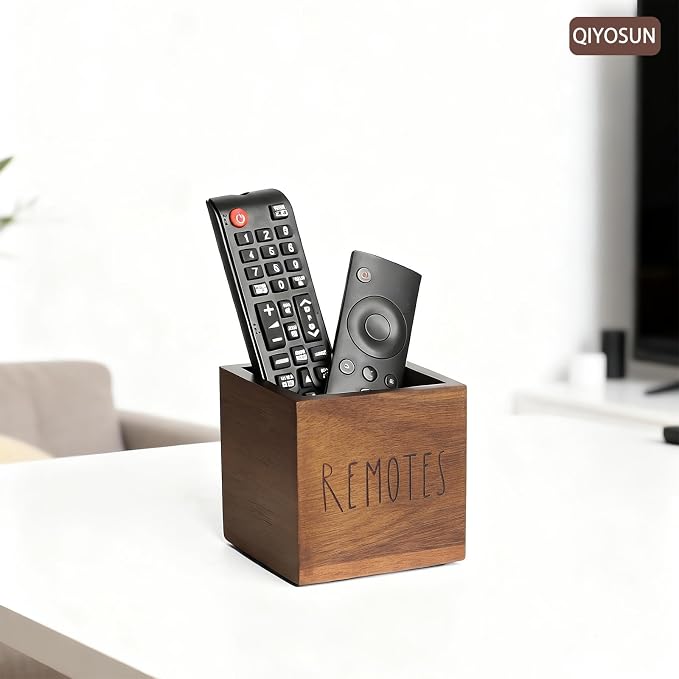 Remote Control Holder, Farmhouse Wood TV Organizer for Table, Wooden Remote Control Organizer, Remote Storage Caddy, Remote Control Organizer (Brown, 3.5 Inch-Labeled REMOTE)