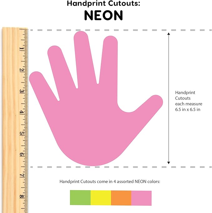48 Piece Handprint Neon Cutouts with IDEA Guide, US Made 2-Sided Brightly Colored Card Stock Punch Out Handprint Paper Accents for Bulletin Boards, Classroom Decor, Back to School & DIY Crafting