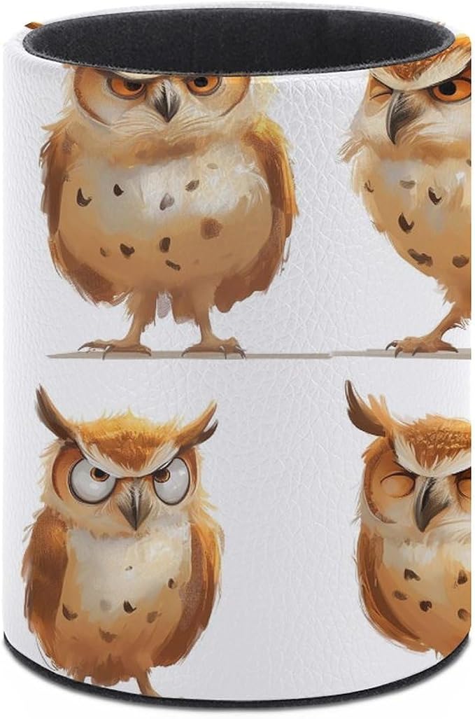 Big Wise Old Brown Owl Pencil Holder Round Pen Cup Wise PU Leather Marker Holder Makeup Brush Holders Desk Accessories Workspace Organizers for Home School Office