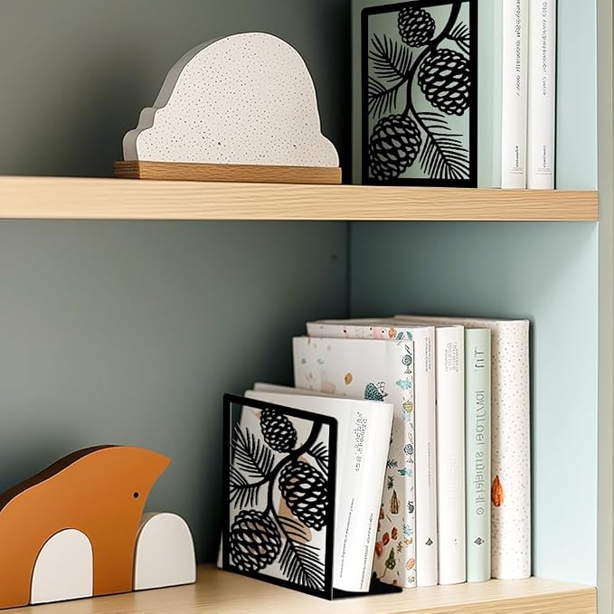 2 Pcs Decorative Metal Bookends, Pinecone Design Book Ends for Shelves Black Heavy Duty Book Stopper Suitable for Home Office School