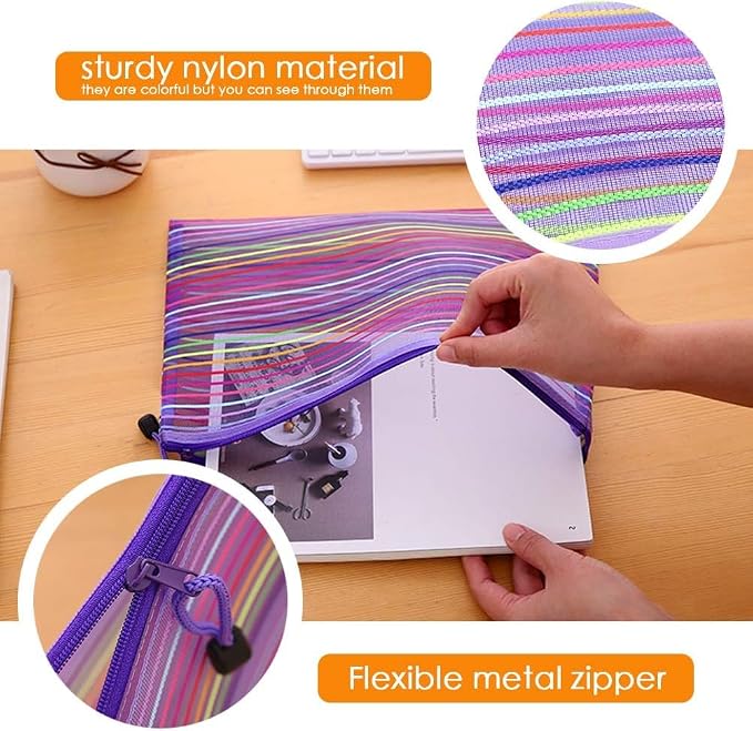 Zipper Mesh Pouch, 6 Pcs 6 Colors 9.8"x 7" Document Bag Zipper File Bags Storage Pouch for Travel Cosmetics Makeup, Offices Supplies, Travel Accessories