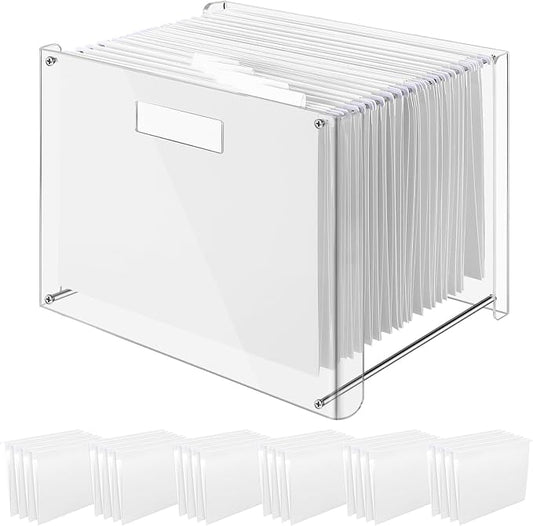 Dispowreath 24 Hanging File Folder with Acrylic Organizer for Letter/a4 Size Desktop Clear File Storage Box with Handles for Home Work Office Use(White,Classic)