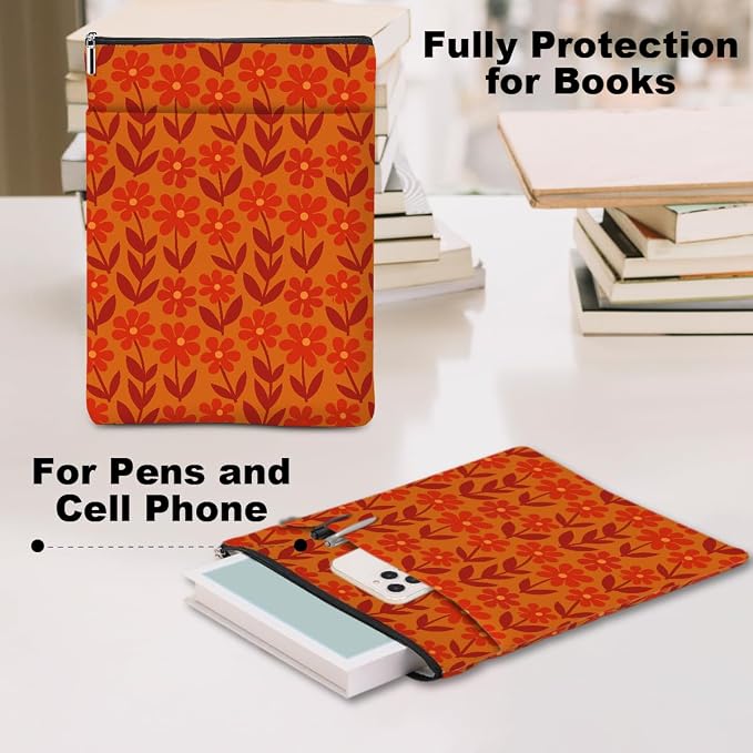 Book Sleeve Book Lovers Gifts Waterproof Books Pouch Protector Cover Reading Accessories Gifts for Women Girls Bookworm Friend Reader Librarian Birthday Wedding Christmas, Aesthetic Red Floral