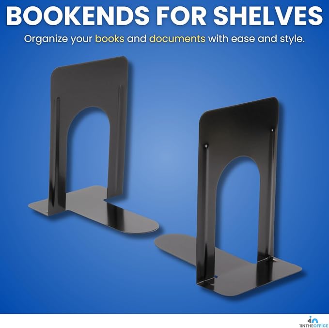 1InTheOffice Bookends for Shelves, Metal Bookends, 8 1/4" x 5 7/8" x 9", Non-Slip, Black, 2 Pack