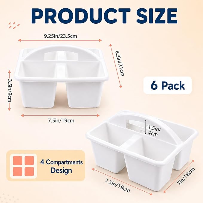 gisgfim 6 Pack Plastic Classroom Caddy with 4-Compartments Plastic Storage Caddies with Handle 4 Compartments Table Caddy Organizer Versatile Table Caddies for Classroom Office, White