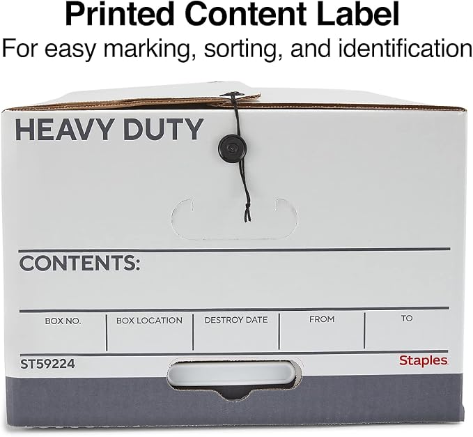 STAPLES Heavy Duty File Box, String and Button Lid, Legal, White/Gray, 4/Pack