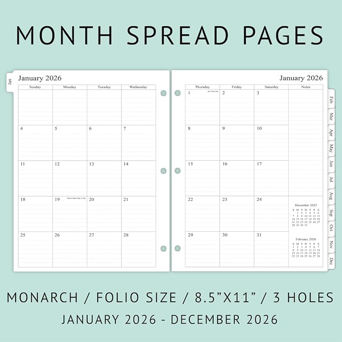 newestor 2026 Monthly Planner Refill for 3 Ring Binder, Jan 2026 - Dec 2026, Two Pages Per Month, 8-1/2" x 11", Monarch/Folio Size 5