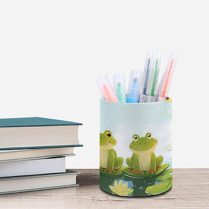 Four Happy Frogs on Lily Pads Pencil Holder Round Pen Cup Sunny Day Time PU Leather Marker Holder Makeup Brush Holders Desk Accessories Workspace Organizers for Home School Office