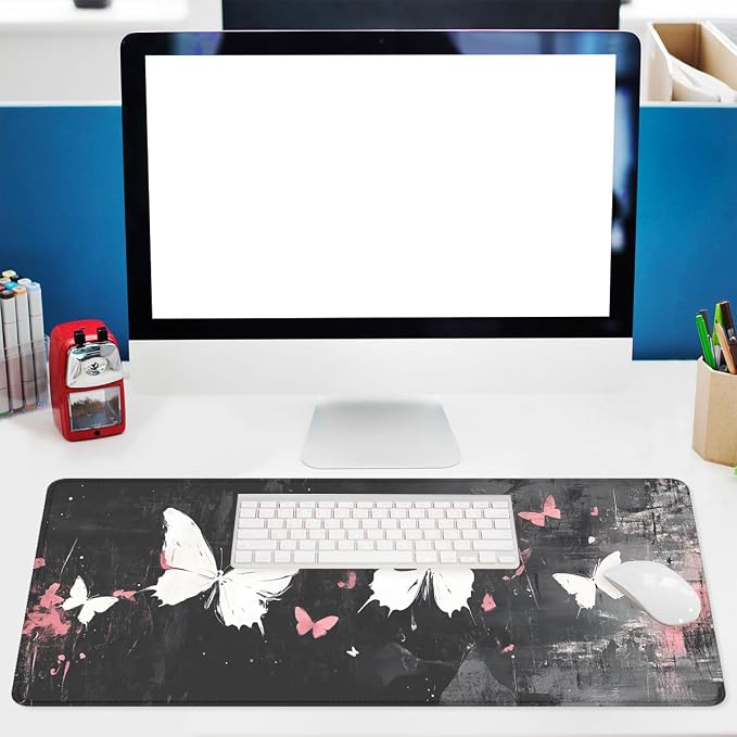 Gothic Aesthetic Gaming Mouse Pad Desk Pad White Butterfly Street Art XL Mousepad Large Mousepad Extended Laptop Keyboard Mat Gaming Desk Pad Office Computer Keyboard Laptop Home 31.5"x11.8"