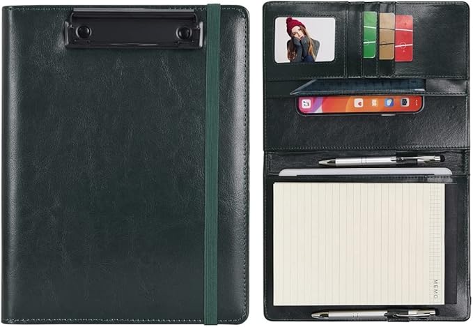 Wonderpool A5 PU Leather Clipboard Partfolio Recipe Binder Notepad Forms Holders Document Case - Interview Planner Meeting Writing Padfolio File for Office Travel School Hotel Restaurant (A5,Green)