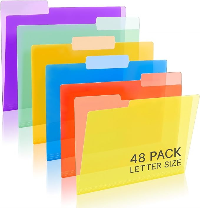 Dispowreath 48 Pack Colored Clear Plastic File Folders with 1/3 Cut Tabs, 8.5 x 11 in Letter Size Poly Project Pockets, Translucent Document Jackets for Office, School & Home Organization
