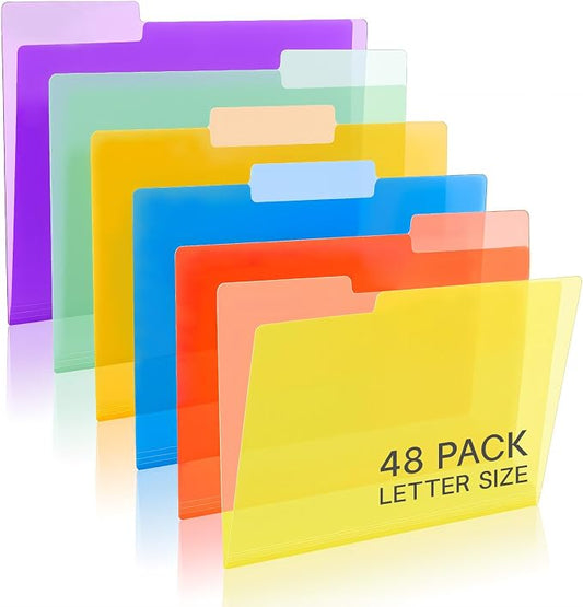 Dispowreath 48 Pack Colored Clear Plastic File Folders with 1/3 Cut Tabs, 8.5 x 11 in Letter Size Poly Project Pockets, Translucent Document Jackets for Office, School & Home Organization
