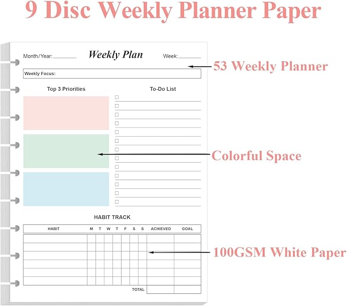 (2-Pack) 9 Disc Weekly Planner Undated Refills - Classic Size 106 Sheets/212 Pages Colorful Weekly Planner for Happy Planners Insert, 100 gsm White Paper, Lasts 2 Year, Undated, 7" x 9.25"