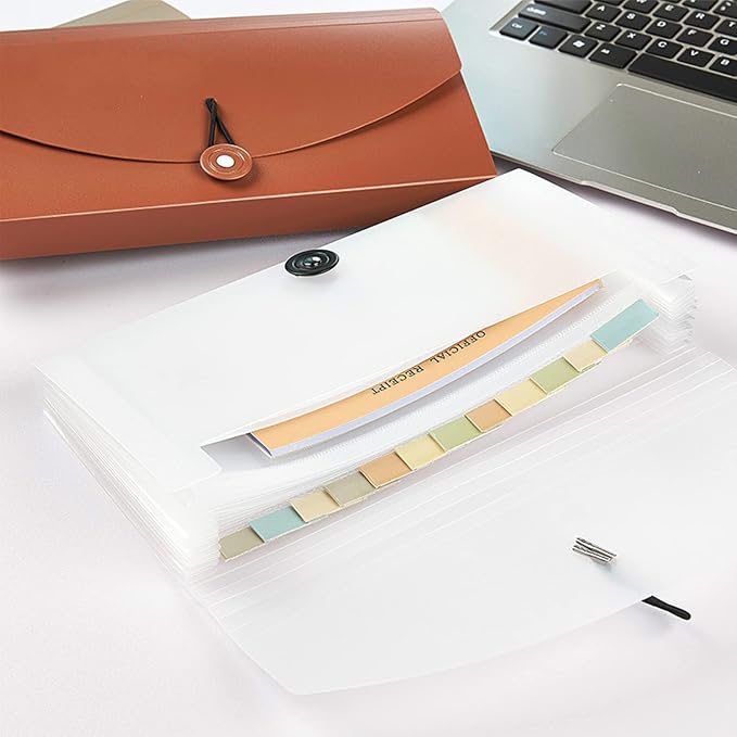 Oak-Pine 13 Pocket Receipt Folder/ Accordion File Organizer/ Plastic Check Bill File Folder/Expanding File Folder/ Expanding Coupon Organizer with Labels/ Document Organizer Folder (White Translucent)