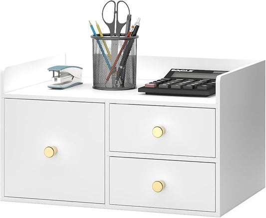 Bamboo Desk Organizer with Drawers Wooden Desktop Storage Organization Box for Bills Office Supplies Kitchen Utensils Organizing Tool for Home Classroom Vanity, No Assembly Required (3 Drawer, White)