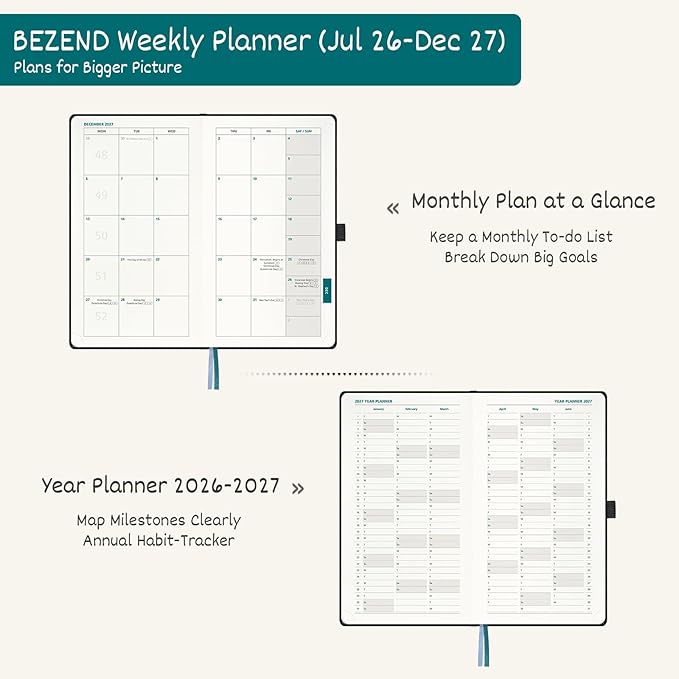 BEZEND Pocket Planner 2026-2027 Weekly and Monthly (3.75" x 6.75" Slim Size) 18-Month Academic Calendar Notebook (Jul 26-Dec 27), Ideal for Students & Professionals, PU Leather Hardcover -Blue