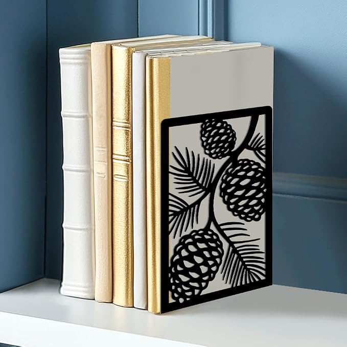 2 Pcs Decorative Metal Bookends, Pinecone Design Book Ends for Shelves Black Heavy Duty Book Stopper Suitable for Home Office School