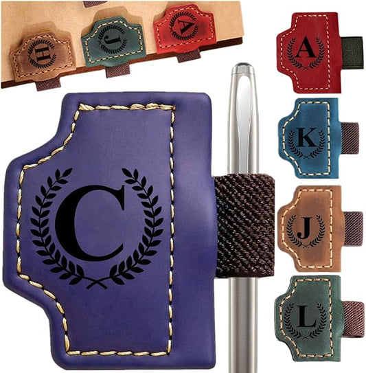 Custom Bookmark with Pen Holder with 26 Letters Personalized Magnetic Leather Book Mark, Customized Name Book Marker Clip with Initial for Men Women, Gifts for Book Lovers, Readers, (Purple, C)