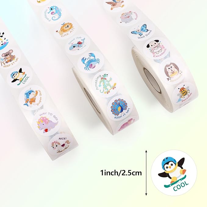 3000 PCS Animal Stickers, 3 Rolls Kids Stickers, 1 Inch, 30 Designs Cute Animal Sticker with Motivational Words, for Kid Reward School Supplies Stickers