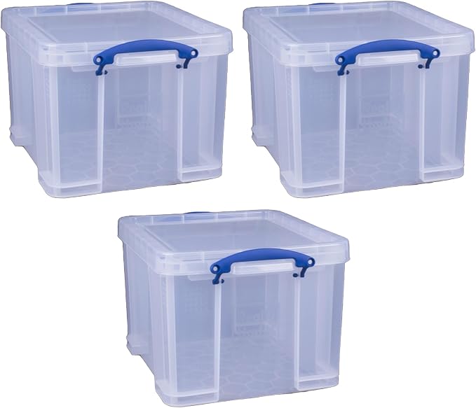 Really Useful Box 32 Liters Storage Bin Container with Snap Lid and Clip Lock Handles for Lidded Home and Office Storage Organization, 9 Pack