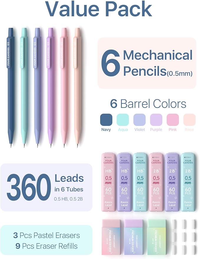 Four Candies 6PCS Cute Mechanical Pencil Set with 372 Leads & Erasers, 0.5 mm Fine Point, Pencils Mechanical with 360PCS (HB & 2B) Lead Refills & 12PCS Erasers & Storage Case for Writing & Drawing