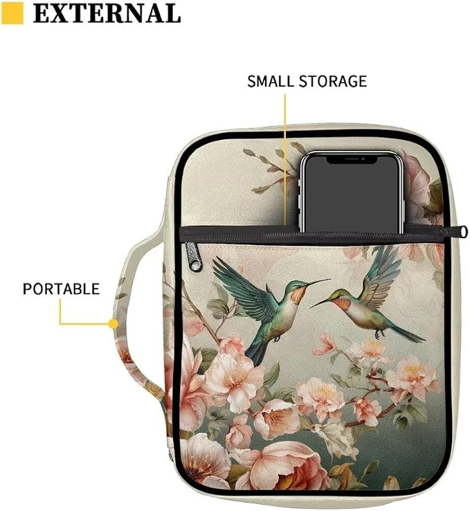 Coldinair Bible Covers for Women Men Hummingbird Floral Bible Case with Bookmark Large Carrying Book Case Church Bag Bible Protective with Pocket and Zipper
