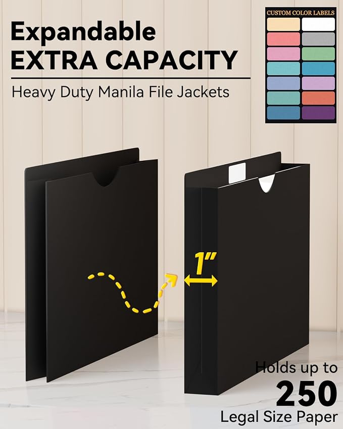 ANSOOK Legal Size Manila File Jackets & File Pockets,12 Pack Plastic Manila File Folders with Straight Cut Tab,Heavy Duty 1" Expandable Manilla Pocket Folders for File Cabniet,Job Folder