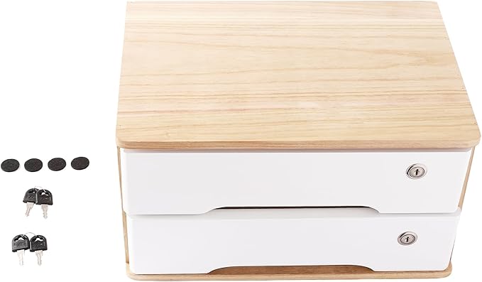Lockable Desk Organizer Wooden Desktop Drawers Office Flat Files Storage Box Locking Countertop Storage Cabinet (Wood Color + White, 2-Tier)