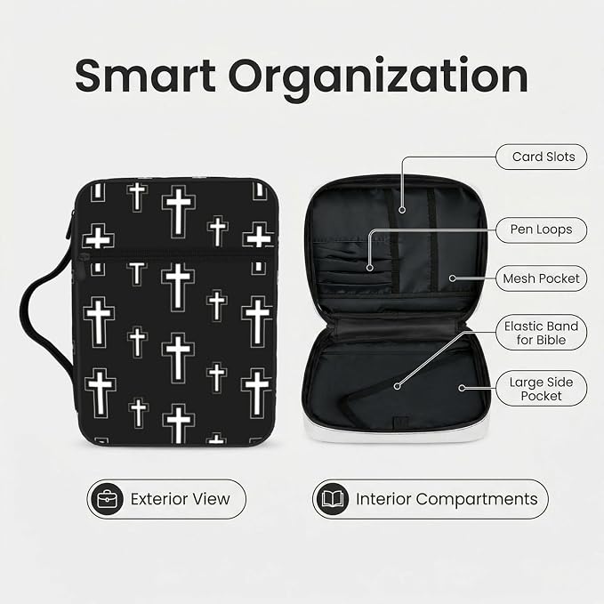 Christian Religion Cross Black and White Bible Cover Case Carrying Book Protector Case Bible Study Supplies Accessories Holder Case Christian Gift for Women Men