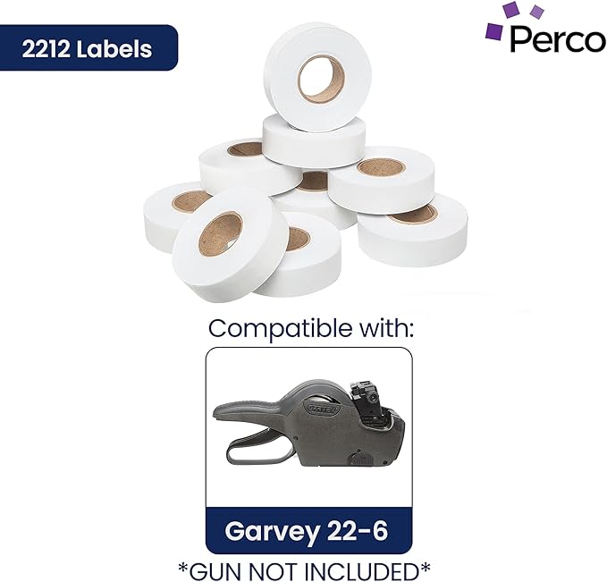 Perco 2212 White Pricing Labels for Garvey 22-6/22-7/22-8 Price Gun - 90 Rolls, 110,000 Pricemarking Labels - with Bonus Ink Rolls