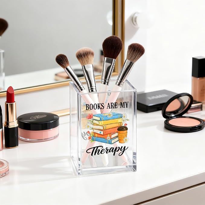 Books Are My Therapy Acrylic Pen Holder Cosmetic Organizer, Funny Book Pen Pencil Holders for Desk, Bookmark Holder for Bookshelf, Desk Accessories Bookish Gifts for Librarian Reader Teacher