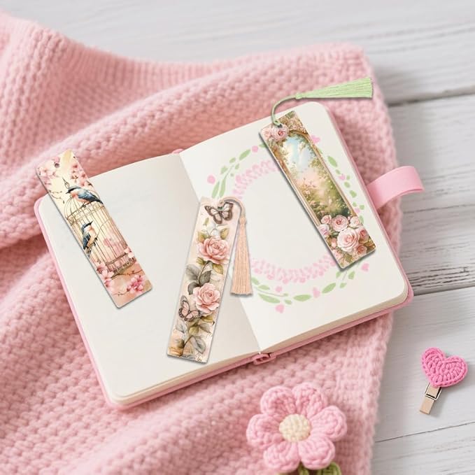 Peacoblue 30pcs UV DTF Bookmarks Transfer Stickers Wraps Pink Retro Flowers for Women Men Reading, Waterproof Bookmarkers Decal(No Blank Bookmarks) for Acrylic Plastic Metal Blank Bookmark