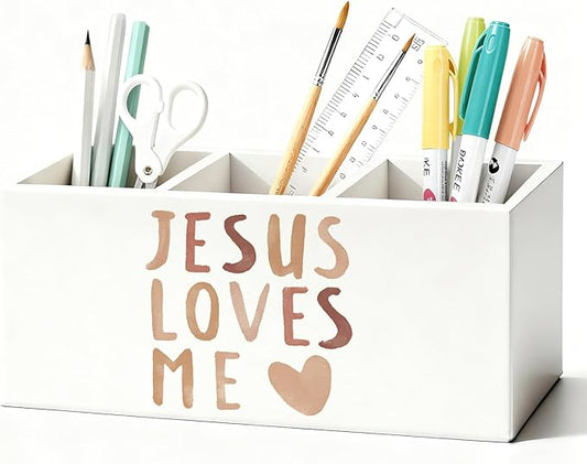 Boho Christian Inspirational Pen Holder, Christian Gifts Pencil Holder for Desk, Jesus Loves Me Bible Verse Wooden Box Sign Decorations for Kids Nursery Room Bedroom Classroom Desk Tabletop