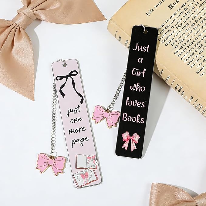 Pink Bow Metal Bookmark Gift Silver Chain Pendant with Bow for Women's Christmas Gift Book Lover Book Accessories School Supplies Office Stationery (Pink Bow Bookmark 2PCS)