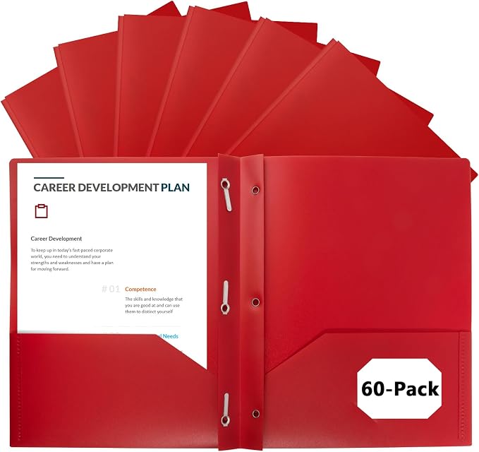 60-Pack Plastic Folders with Pockets and Prongs,2-Pocket Poly Folders with 3 Fasteners Holds 8-1/2" x 11" Paper for School/Office/Home, Red