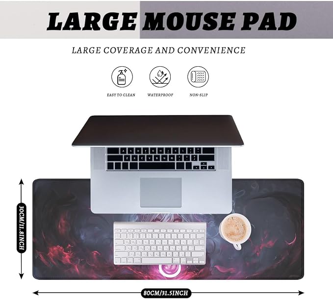 Dark Anime Desk Pad Mouse Pad White Hair Demon Girl Magic Extended Mousepad Mat with Stitched Edge Non-Slip Base Big Mousepad Office Computer Keyboard 31.5"x11.8"