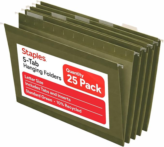 Staples Reinforced Hanging File Folders, Letter Size, 3" Expansion, Wide‑Capacity Box‑Bottom Design, Standard Green – 25/Pack